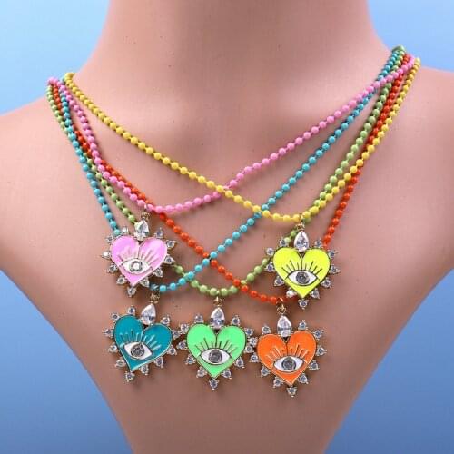 5Pcs New Trendy Rainbow Heart Pendant Necklace Eye Heart Shaped Colored Copper Beads Link Brass Necklace