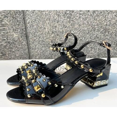 Retro Womens Sandal Patent Leather Low Chunky High Heel Black Rivets Low Top Shoes Fish Toe Dress Shoes Girls Shoes