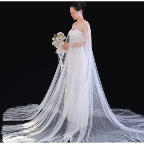 Long Beading Tulle Wedding Wrap Ivory Bridal Wrap With Train Cathedral Length Bridal Cape