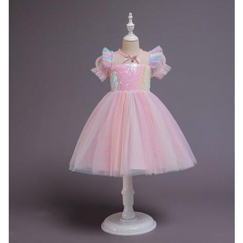 Kids Summer Princess Dress 2021 Sequins Gauze Splicing O-Neck Short Bubble Sleeves Skirt with Back Zipper for Girls 2-7 Years