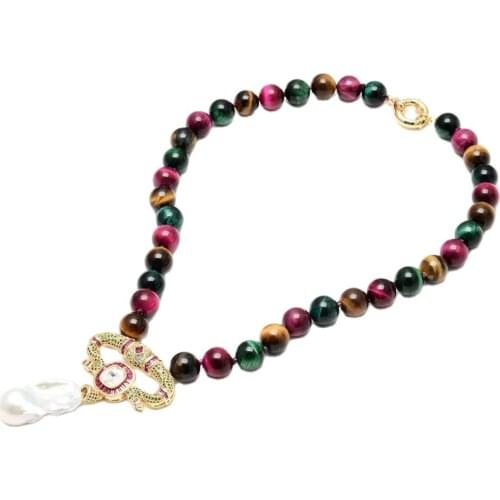 GG Jewelry 18" Natural Mix Color Tiger Eye Round Necklace White Keshi Pearl Cz Pave Gold Color Plated Pendant Necklace For Women