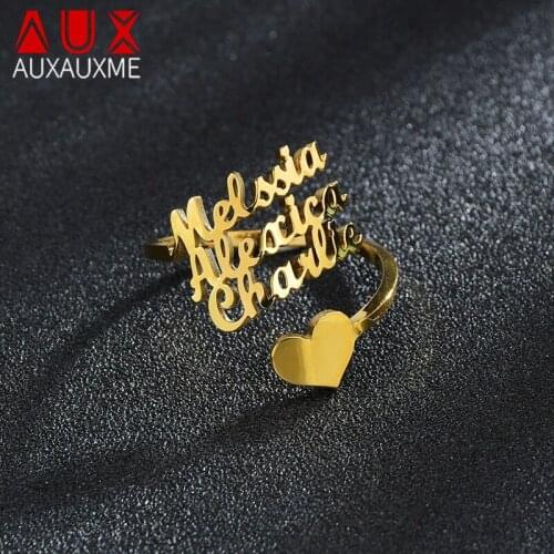 Auxauxme Custom Heart 3 Names Rings Stainless Steel Personalized Adjustable Size for Women Wedding Jewelry Gifts