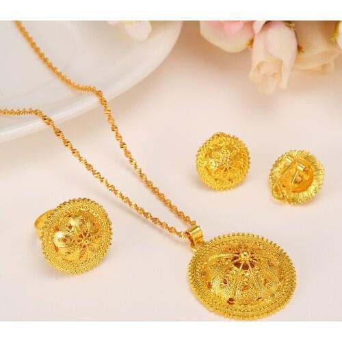 Habesha Peak Jewelry set N B E Ethiopian Bridal Wedding 24 k Yellow Solid Gold FINISH Pendant earrings ring wholesale