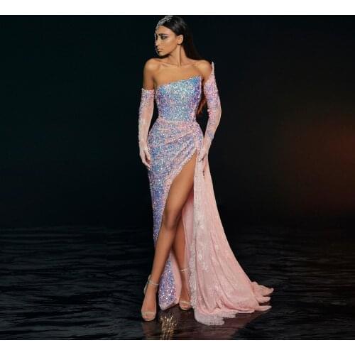 Colorful Shiny Pink Sequined Prom Dresses 2021 Sexy Off The Shoulder High Split Lace Prom Gowns With Long Gloves