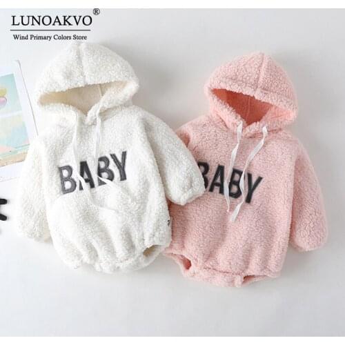 Lunoakvo Baby Girls Clothes Winter Newborn Kids Hooded Romper Infant Girls Solid Jumpsuit Flannel Clothes Autumn Spring