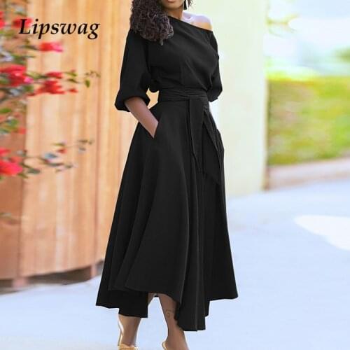 Fashion Casual Tie-Up Belted Office Lady Dress Women Summer Spring Short Sleeve Pocket Long Dress Sexy Off Shoulder Party Dress