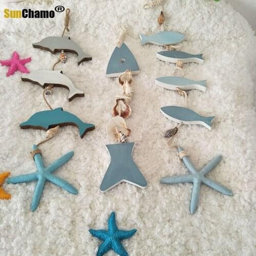 Nautical Wooden Fish String Pendant Natural Starfish Shell Anchor Dolphin Fingerling String Wood Combination Home Beach Decor