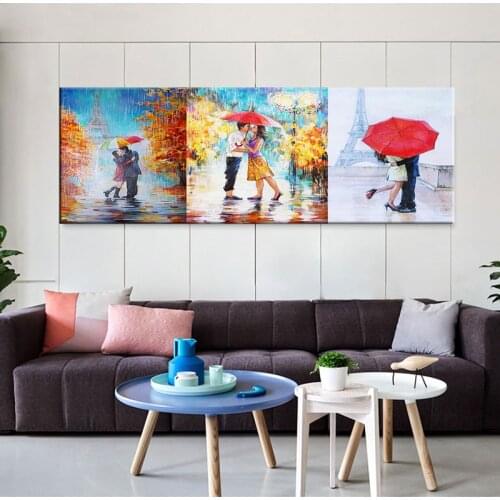 Cartoon Lovers Canvas Wall Art Couple Kissing in Rain Artwork Romantic Painting for Living Room Bedroom Bathroom Wall Decor