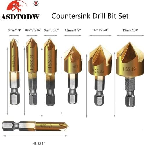 6PCS Countersink Drill Bit Set 1/4'' Hex Shank 5 Flute Countersink 90 Degree Center Punch Tool Sets Wood Chamfering Cutter