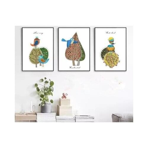 Nordic Modern Simple Creative Oil Painting Birds Spring Frameless Decorative Painting for Childrens Rooms Wall Art Canvas