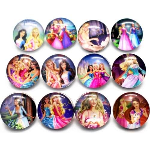 Newest 10pcs/lot cartoon Barbie doll Snap Buttons Charms 18mm Glass Buttons Fit DIY Snap Bracelets&bangle Decoration Jewelry
