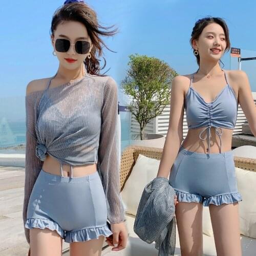 2021 New Hot Spring Bathing Suit Female Split Bikini Long-sleeved Conservative Boxer Three-piece Swimwear Swimsuit Women