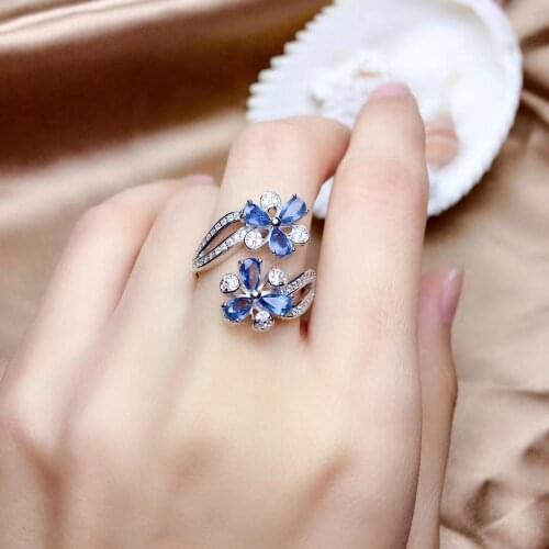 Natural blue sapphire gem Opening Ring Natural gemstone Ring S925 silver Luxurious big Flower women party gift fine Jewelry