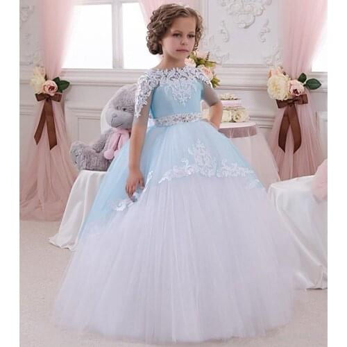 Blue Flower Girl Dresses For Weddings Ball Gown Half Sleeves Tulle Applique Beaded Long First Communion Dresses For Little Girls