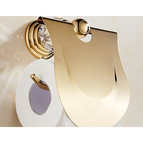 SHGO HOT-Luxury Zirconium Gold Solid Brass Toilet Paper Holder Polished Towel Bar Artificial Crystal Round Base Towel Ring Bathr