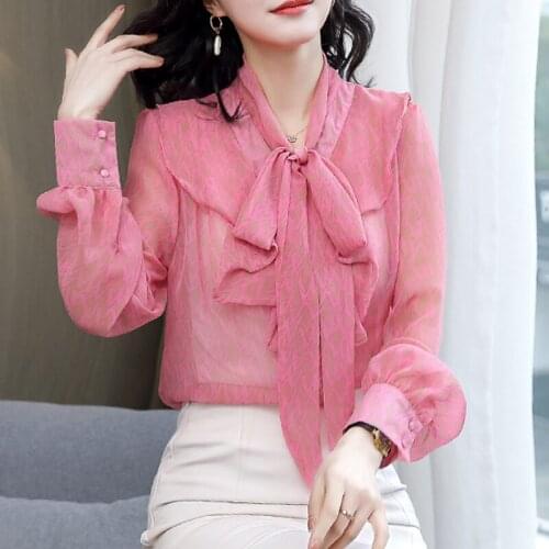 Chiffon Blouse Women Bluses Ladies Tops 2021 Autumn New Chiffon Shirt Womens Long-Sleeved Printed Bow Blouses Shirt 595i