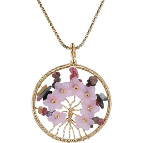 SUNYIK Natural Crystal Stone Plastic Flower Round Pendant Necklace Gold Color Wire Wrap Tree of Life Pendant Charm Women Jewelry