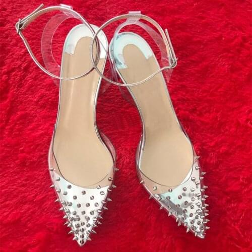 Women Lady Silver Patent Leather PVC Studded Spikes Rivet Poined Toe Stiletto Heel Slingback High Heels shoes pumps sandals 12CM