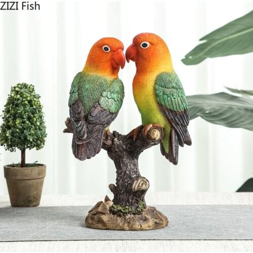 Creative Love Bird Couples Simulation Animal Sculpture Bird Statue Color Parrot Home Craft Decoration Animal Figures Accessories