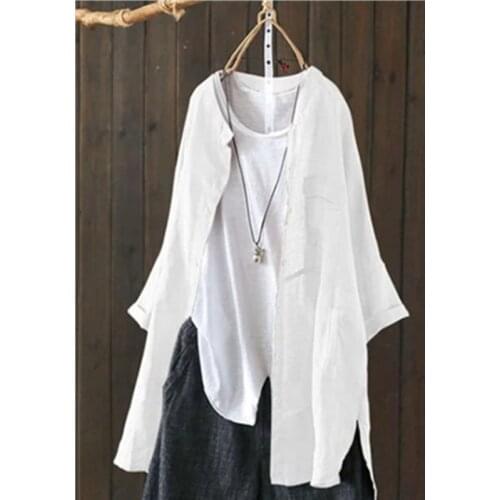 Spring and Summer 2019 Cotton and Linen Loose Shirt White Black Khaki Long Sleeve V-Neck Solid Color Womens Tops and Blouses