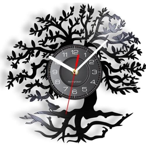 Tree Of Life Laser Etched Vinyl Wall Clock Tree Shape Upspring LED Backlight Modern Wall Watch Silent Living Room Hanging Decor