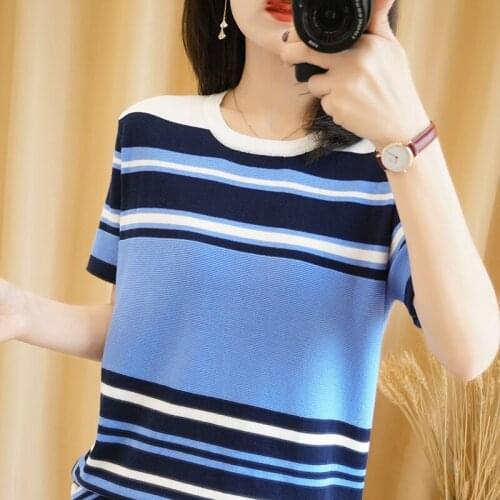 O-neck knitted basic top ladies summer loose casual T-shirt basic sexy streetwear striped black short-sleeved plus size top