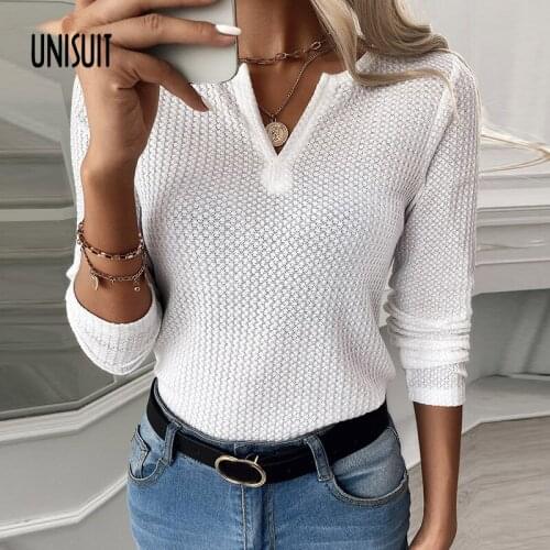 Women Fashion Long Sleeve V-Neck T Shirt Loose Tee Solid Casual Tops Female Autumn White Shirt Women Elegant T-shirt 2021