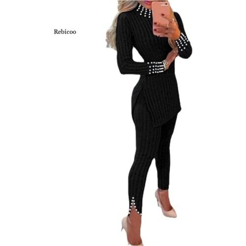 Women Winter Autumn Casual Knit Beaded Side Slit Long Sleeve Sweater & Pants Set Pullover Femme Sexy Outfit