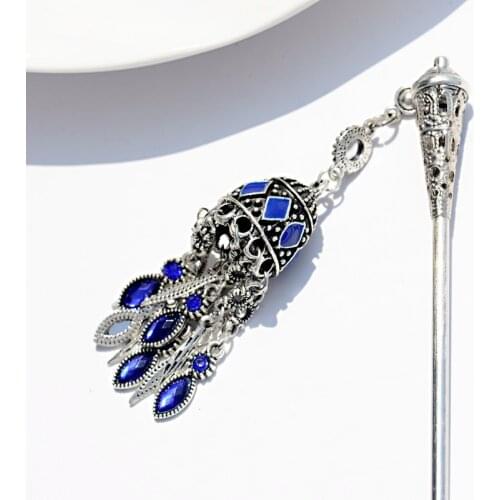 2019 Womens Ethnic Blue Bell Hairpins Indian Jewelry Traditional Hollow Tassel Hair Sticks Jewelry Fashion Hairwear