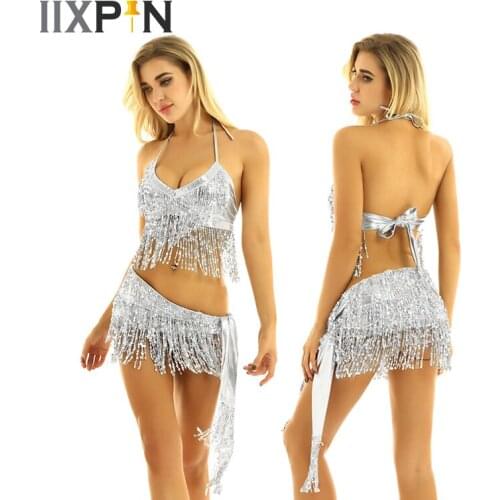 Womens Shiny Sequin Tassels Belly Dance Costume Set professional Halter Neck and Back Tie Up Bra Top with Hip Scarf Wrap Skirts