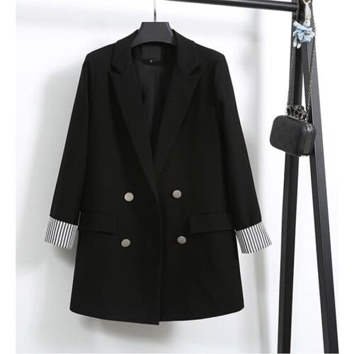 New Double Button Women Black Notched Suit Fashion Blazers autumn Spring Korean Style Striped Mid-Length Cotton Womens Jacket