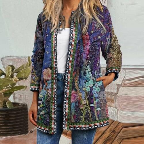L-5XL Hot Women Spring Autumn Cardigan Women Ethnic Floral Print Pockets Long Sleeve Loose Jacket Coat Cardigan Women Outwear