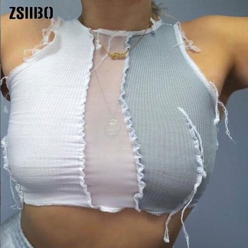 Sleeveless see-through sexy crop top women mesh Patchwork design tank tops Punk style street casual wear wild vest female
