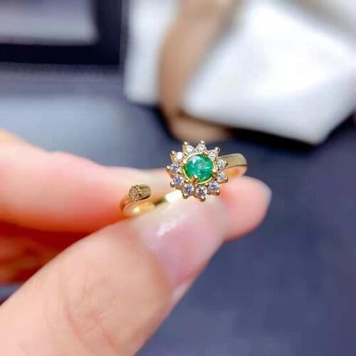 Natural Emerald Sunflower Opening Ring S925 Sterling Silver Fine Fashion Weddings Jewelry for Women MeiBaPJFS