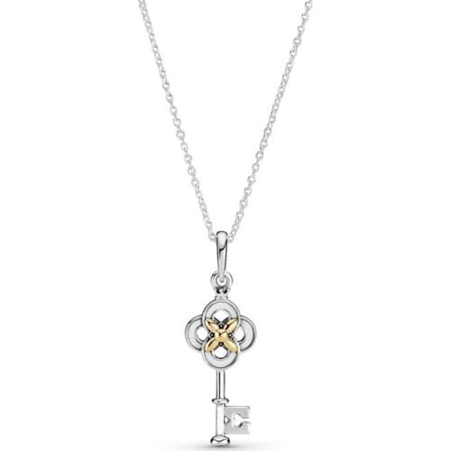 Authentic 925 Sterling Silver Two-tone Key & Flower Fashion Pendant Necklace Fit Europe Women Bead Charm Gift DIY Jewelry