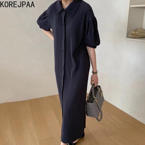 Korejpaa Women Dress 2021 Summer Korean Chic Retro Temperament Lapel Single-Breasted Slimming Pleated Texture Puff Seeve Vestido