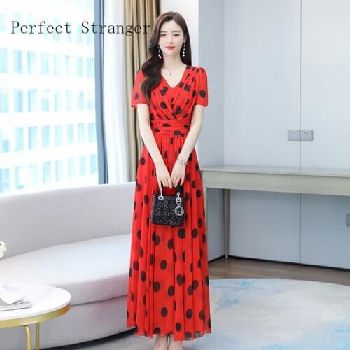 High Quality 2021 Summer Dress For Women V Collar Dots Printed Short Sleeve Women Chiffon Long Dress