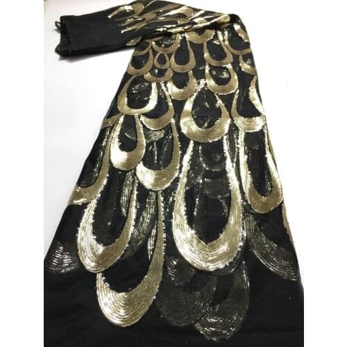 1Yard African Lace Fabric 2021 High Quality Gold Sequin Embroidery Nigerian Wedding Asoebi Dress Sewing Lace Material M46712