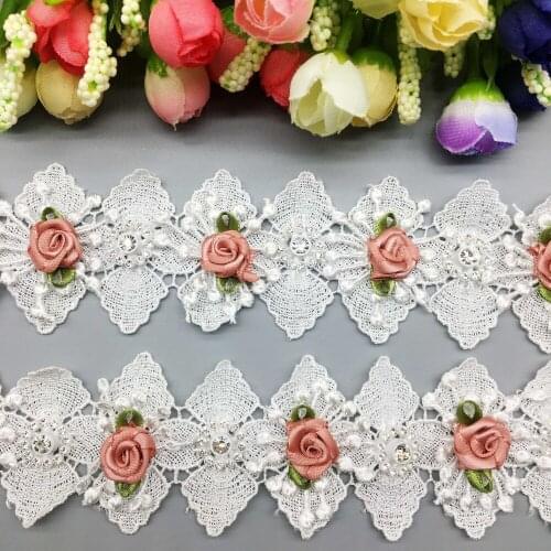 10x Rose Flowers Diamond Rhinestones Lace Trim Ribbon Fabric Embroidered Patchwork Handmade Applique Wedding Dress Sewing Craft