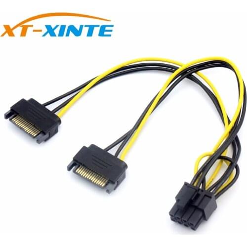 20CM Dual SATA Power Cable 15P to 8P Graphics Card 18AWG Wire Connector 1 IN 2 Male 15Pin to 8Pin SATA Cable for Mining Miner