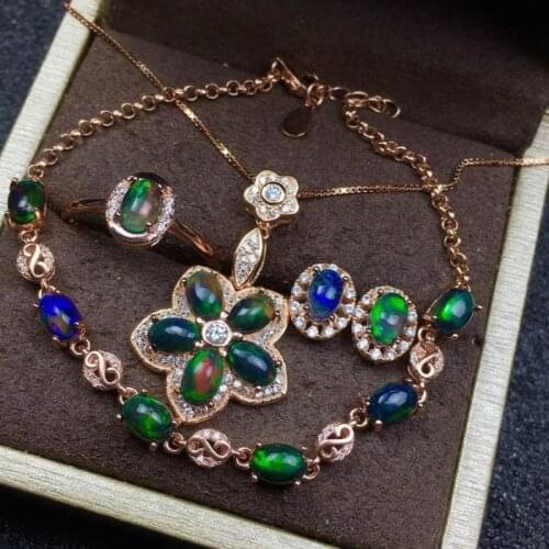Black Opal Set 100% Natural and Real Black Opal Jewelry Set925 Sterling Silver 1pc Pendant,1pc Ring,2pcs Earring,1pc Bracelet