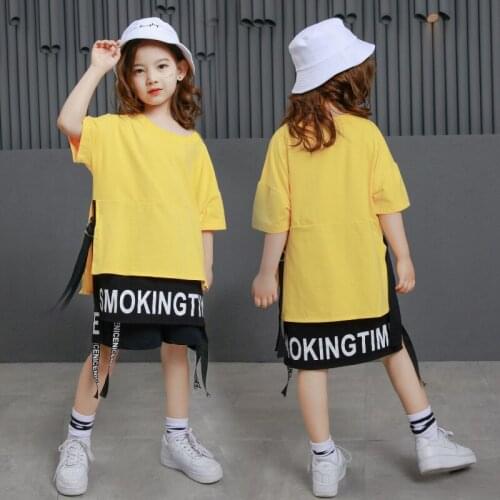 Kids Hip Hop Show Ballroom Dancing Costume for Girls Boys Jazz Dance Clothes Yellow Long T Shirts Tops Children Casual Shorts