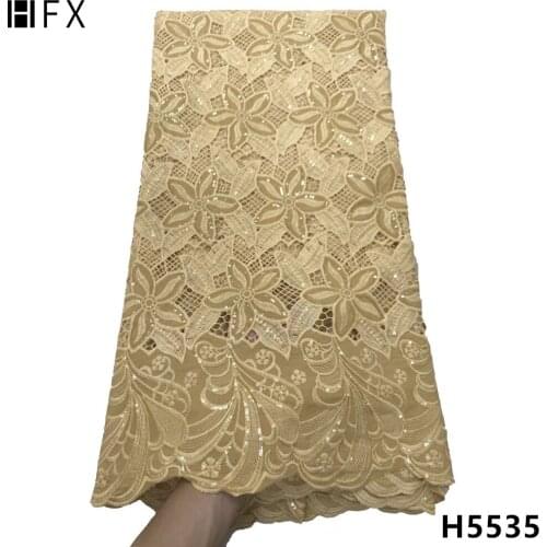 HFX Nigerian Gold African Lace Fabric 2021 High Quality Sequins Cord Lace With Chiffon French Lace For Party Dress X5535