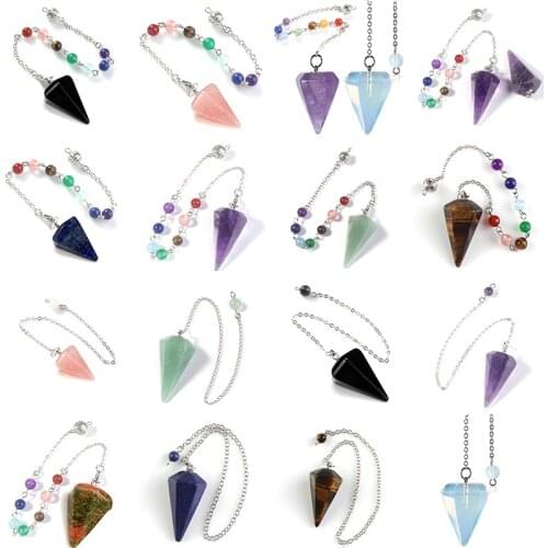 Small Size Stone Pendulum for Dowsing Amethysts Lapis Opal Crystal Cone Healing Chakra Chain Hexagonal Pendants Pendulo Jewelry