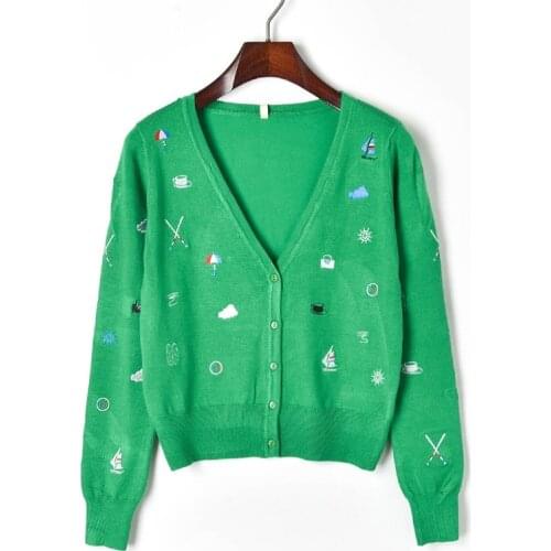 Spring New Embroidery Kintted Cardigan V-neck Long Sleeves Sweater with Sailing Clouds Umbrella Patterns Knit Sweater Women