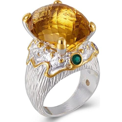 New Fashion Silver Plated Ring with Big Yellow stone Black Gold-color Fashion Unique Design Party Anniversary Gift Ring