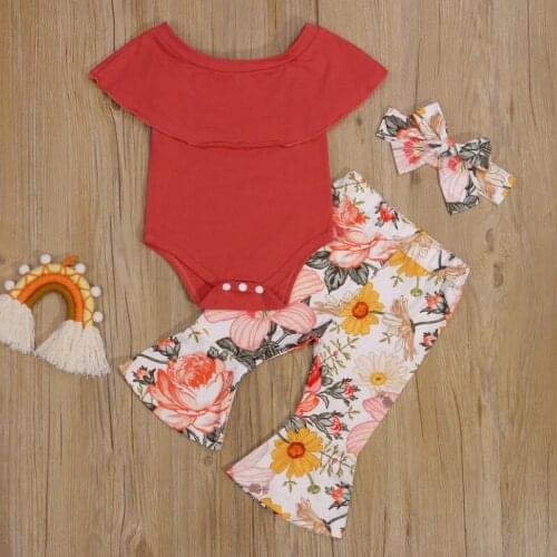 Baby Girls Three-piece Clothes Set, Boat Neck Short Sleeve Romper, Floral Printed Pattern Flared Pants and Headdress Summer