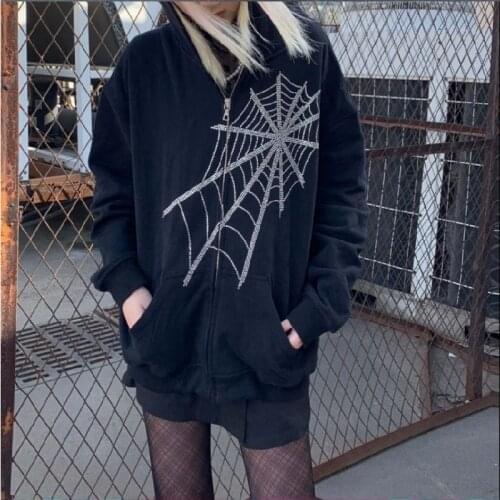 Harajuku Korean Fashion Zipper Sweatshirts Rhinestone Spider Web Grunge Clothes Gothic Punk Hoodie Women Black Plus Size Hoodies