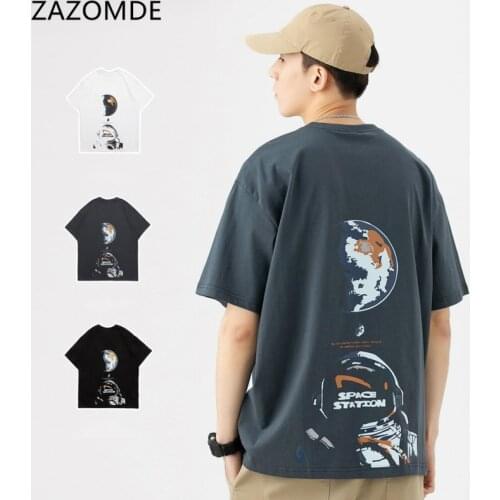 ZAZOMDE 2021 Summer Men T-shirt Top Quality 100% Cotton Astronaut Print Funny Casual Loose Tees O-neck shirt M-5XL Tops