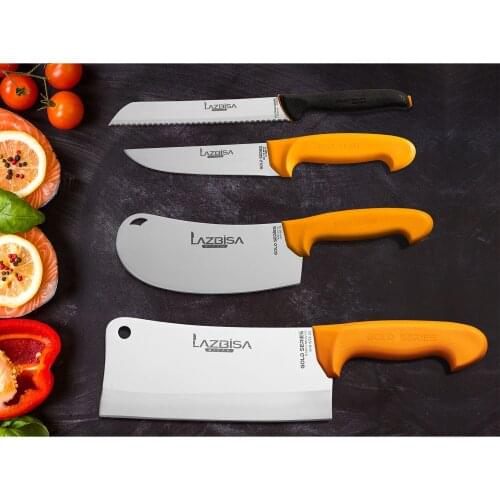 Lazbisa Kitchen Knife Set Butcher Bread Meat Bone Onion Pita Pizza Row 4 Gold Series